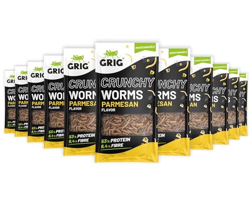 GRIG Essbare Insekten-Snacks für Menschen; Grillen, Heuschrecken, Mehlwürmchen; Protein knusprige Mischung, Verkostungsset, Party-Geschenksidee (12er-Pack Knusprige Würmchen Parmesan (12x13g)) von GRIG