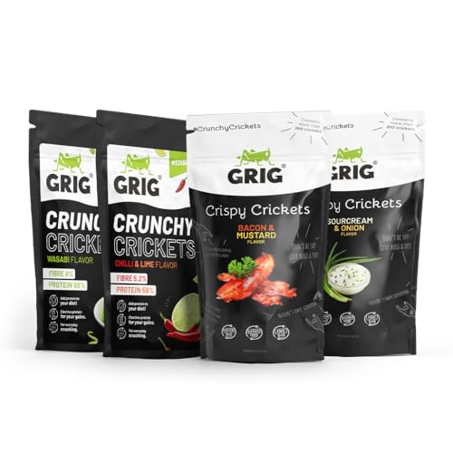 GRIG Essbare Insekten-Snacks für Menschen; Grillen, Heuschrecken, Mehlwürmchen; Protein knusprige Mischung, Verkostungsset, Party-Geschenksidee (4er-Pack Knusprige Grillen (4x20g)) von GRIG