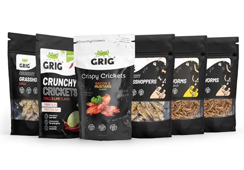 GRIG Essbare Insekten-Snacks für Menschen; Grillen, Heuschrecken, Mehlwürmchen; Protein knusprige Mischung, Verkostungsset, Party-Geschenksidee (6er-Pack Knusprige Grillen, Würmer und Heuschrecken) von GRIG