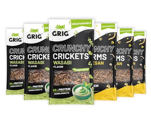 GRIG Essbare Insekten-Snacks für Menschen; Grillen, Heuschrecken, Mehlwürmchen; Protein knusprige Mischung, Verkostungsset, Party-Geschenksidee (6er-Pack Knusprige Grillen und Würmchen (6x13g)) von GRIG