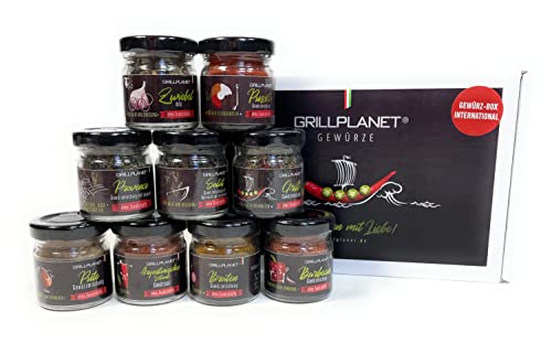 Grillplanet 9er Gewürz-Geschenk-Set Designgläser, Gewürze aus aller Welt, Gewürz-Set 177g, Grill und Pfanne von GRILLPLANET