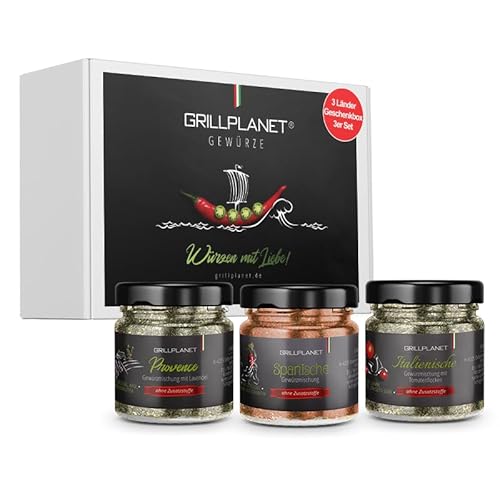 Mediterrane Gewürzmischung 3er Gewürzset Geschenkset italienische spanische und Kräuter der Provence für Fleisch Nudeln und Sossen zum Grillen und Braten von GRILLPLANET