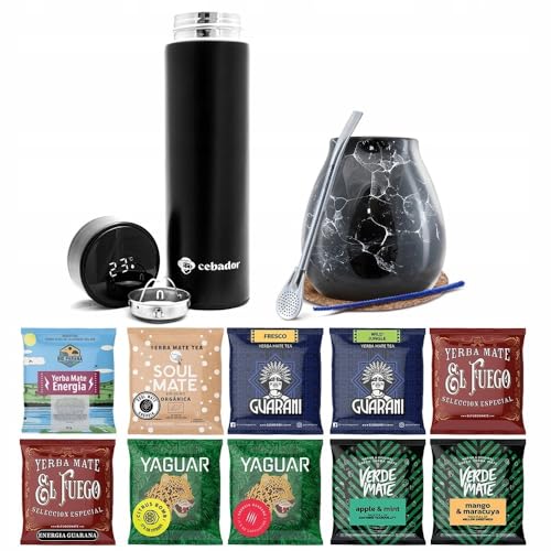 Yerba Mate Probenset mit Zubehör | Yerba mate Yaguar, Verde Mate, Soul Mate, Guarani, Rio Parana, El Fuego | Thermos, Kalebasse, Bombilla | 10x50g | Natürliches Koffein | 500g | 0,5kg von GUARANI