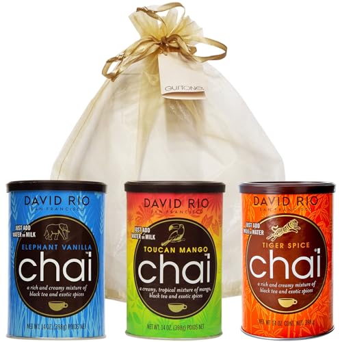 GUSTONE. 3 Sorten David Rio Geschenkset Tiger Spice, Toucan Mango, Elephant Vanilla 3 x 398g Dosen Chai Latte von GUSTONE.