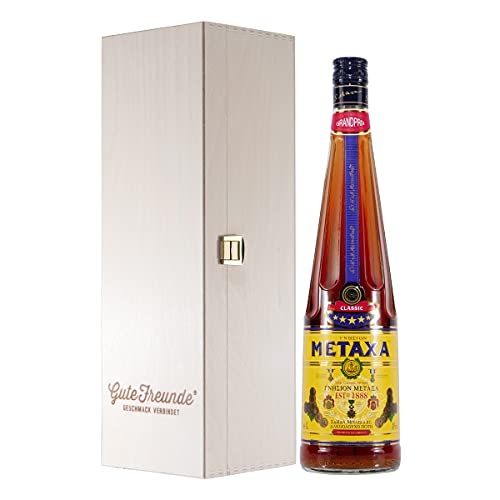 Metaxa 5 Sterne Grandprix mit Geschenk-Holzkiste von GUTE FREUNDE Geschmack verbindet