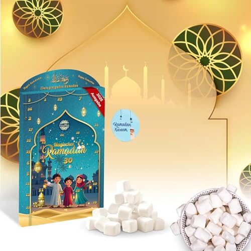 Eid Mubarak Kalender 2025 | Countdown Eid Kalender | Marshmallows 1 kg | 30 Tage Countdown Kalender | Geschenke für Kinder voller Spielzeug, Süßigkeiten und Quizze von Gama