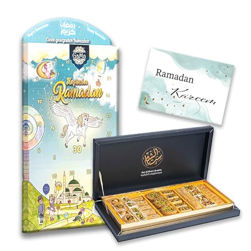 Ramadan Mubarak Geschenk | Baklava 425g | Ramadan Kalender | 3x Sprache wählbar Postkarten | Countdown Eid Kalender | Eid Mubarak (3x Deutsch Postkarten) von Gama