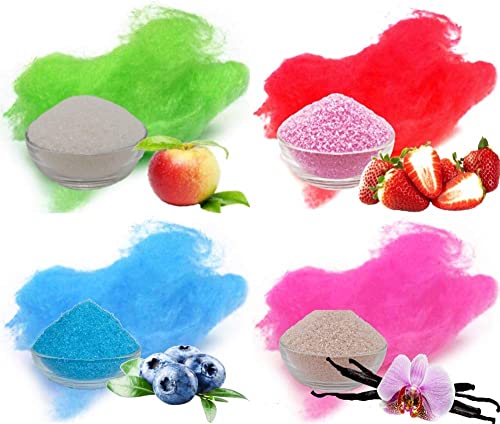 4x 100g Aromazucker Set mit Geschmack Apfel Erdbeer Heidelbeere Vanille farbiger Zucker für Zuckerwatte von gaumenshop