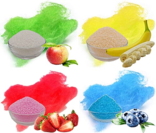 4x 250g Aromazucker Set mit Geschmack Apfel Banane Erdbeer Heidelbeere farbiger Zucker für Zuckerwatte von gaumenshop