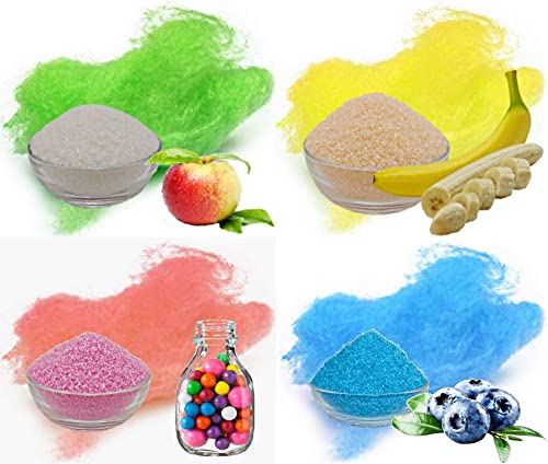 4x 500g = 2 Kg Aromazucker Set mit Geschmack Apfel Banane Bubble Gum Blaubeere farbiger Zucker für Zuckerwatte von gaumenshop