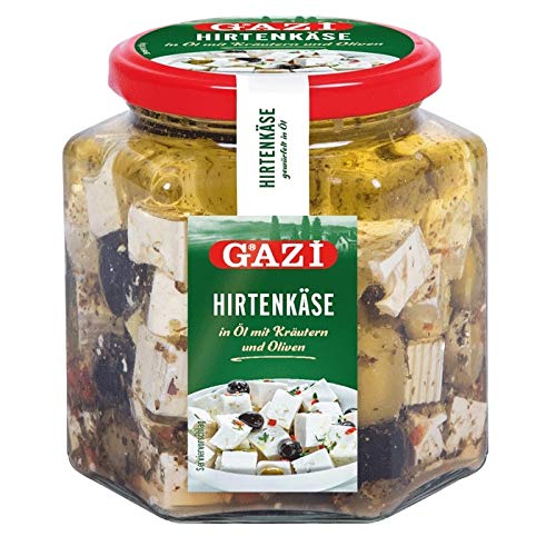 Gazi Hirtenkäse in Öl mit Kräutern und Oliven - 1x 375g Glas - Kuhkäse Käse Cow Cheese in Rapsöl 45% Fett i. Tr. aus 100% Kuhmilch mild mikrobielles Lab vegetarisch glutenfrei Halal von Gazi