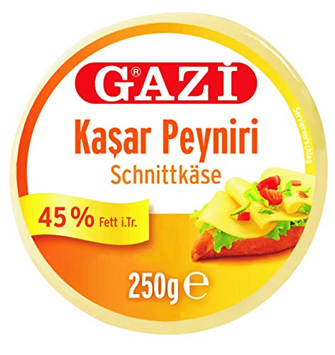 Gazi Kashkaval Schnittkäse - 2x 250gramm Vakuum - Kasar Peyniri Hartkäse Kuhkäse Käse aus Kuhmilch 45% Fett i.Tr. als Pizzabelag, zum Überbacken von Aufläufen, vegetarisch, glutenfrei, Halal von Gazi
