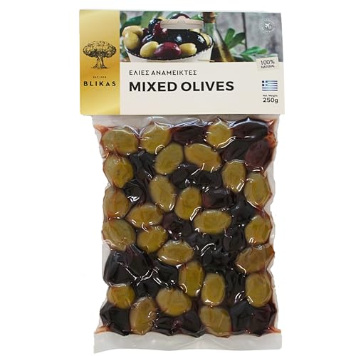 Blikas Griechische Gemischte Grüne und Schwarze Kalamata-Oliven, Packung mit 2 x 250 g (insgesamt 500 g) von Geakv