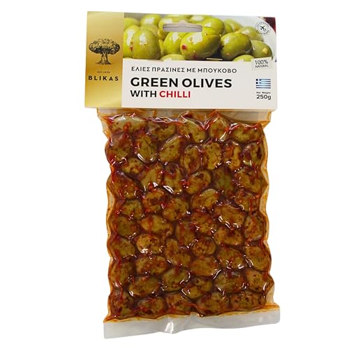 Blikas Griechische Grüne Oliven Mariniert mit Chili, Packung mit 2 x 250 g (insgesamt 500 g) von Geakv