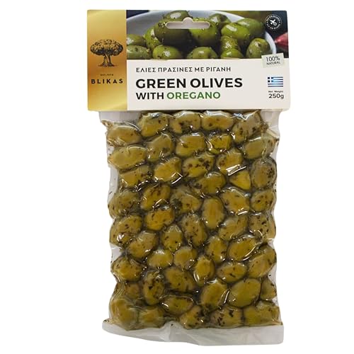 Blikas Griechische Grüne Oliven Mariniert mit Oregano, Packung mit 2 x 250 g (insgesamt 500 g) von Geakv