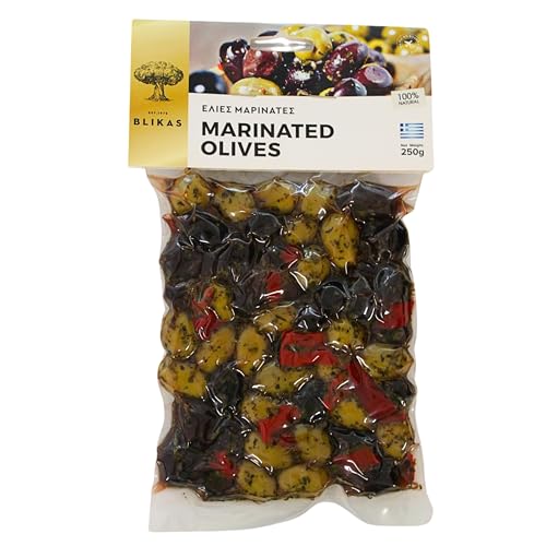 Blikas Griechische Grüne und Schwarze Kalamata-Oliven Mariniert mit Oregano und Rotem Pfeffer, Packung mit 2 x 250 g (insgesamt 500 g) von Geakv