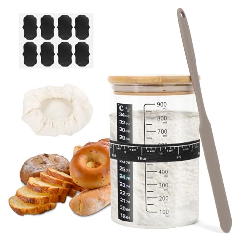 Sauerteig Starter Set, 1000ml Sauerteig Starter Glas mit Holzdeckel, Gummiband, Thermometerpapier, Silikon-Spatel, Stoffhut, Etikett, Sourdough Starter Kit für Brotbacken, Fermentieren (A) von GeluEla