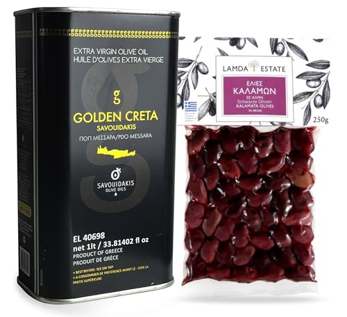 Golden Creta, Kreta Olivenöl 6x1 Liter Kanister + 1x Lamda Estate Kalamata Oliven Vakuum 250g von Generic