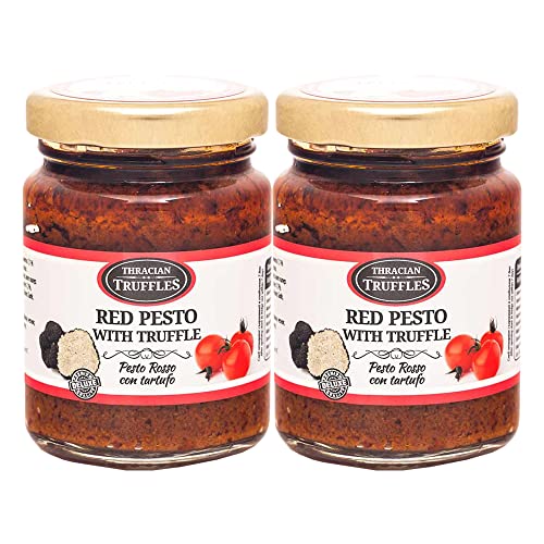 Tomatenpesto Rote Pesto Sauce mit schwarzem Trüffel, Chilischote, sonnengetrockneten Tomaten, Gourmet Pesto mit Trüffel, traditioneller italienischer Geschmack in einer cremigen Pasta Sauce (2 x 80 g) von Pesto