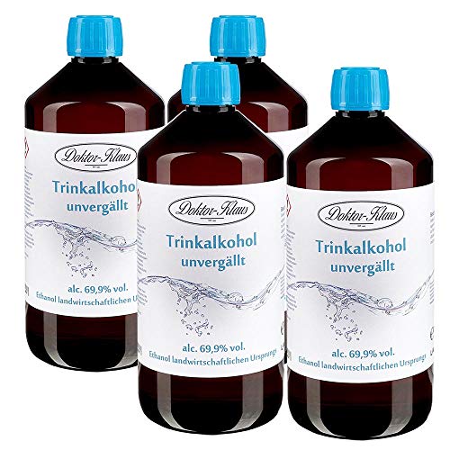 4 x 700ml Primasprit/Trinkalkohol/Weingeist/Ethanol 69.9% Vol. Alc. in brauner PET Flasche mit OV von Doktor Klaus von Tassorm