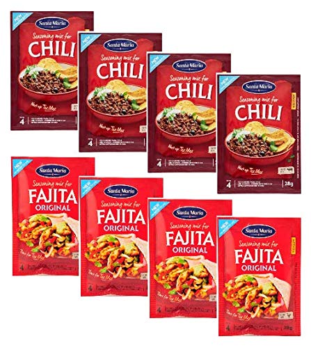 Santa Maria - 4 Beutel für Chili-Gewürzmischung (16 Portionen) + 4 gemischte Gewürzbeutel für Tortilla- und Fajita-Füllung (16 Portionen) - Insgesamt 8 Beutel (224 Gramm) von Santa Maria