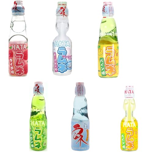 6 x Hata Ramun - Lychee, Melone, Classic, Lemon, Yoghurt, Orange - Japanese Soda - 6 x 200ml Glasflasche Mix Paket von Generisch