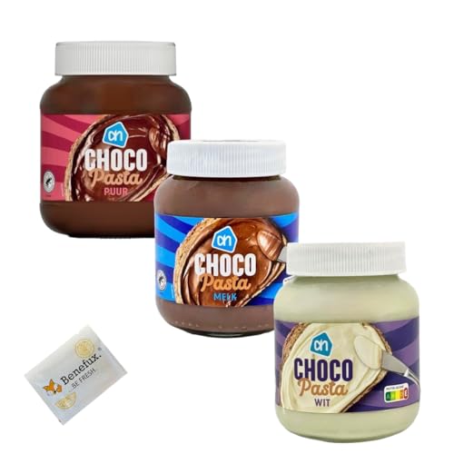 AH Choco Pasta puur - melk - wit - Holland Schoko-Aufstrich Multipack 3x 400g + Benefux. Erfrischungstuch von Generisch