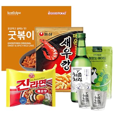 Anso Set - Chum Churum + Trauben Flavored Ade + Shrimp Cracker hot & spicy + Jin ramen Hot + Tteokbokki Original + Herz-Soju-Tasse voller Liebe (2ea) von Generisch