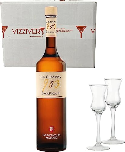 BONAVENTURA MASCHIO 903 Barrique La Grappa 40% Vol. 70 cl - Grappa-Barrikade mit 2 Original-Grappa-Gläsern von Generisch