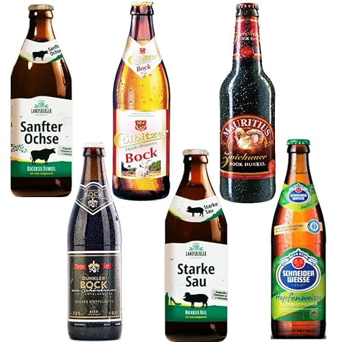 Bierset 6 verschiedene Biere aus Deutschland (0,5 Liter 3 Bock Dunkel 2 Bock Hell 1 Weizendoppelbock Mehrweg inkl. Pfand) von Generisch