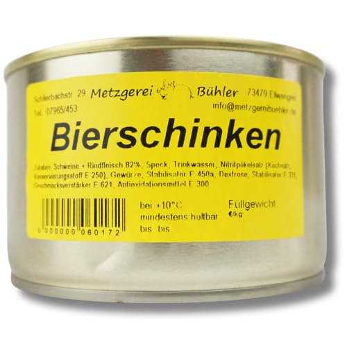 Bierschinken in der Dose 190g bis 400g aus 82% Deutschem Rindfleisch und Schweinefleisch, traditionelle Hausmacher Rezeptur, Wurstkonserve von der Metzgerei Bühler leckerer Wurst Aufschnitt (300g) von Generisch