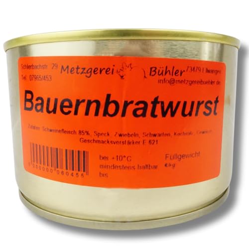 Brät Bauernbratwurst von der Metzgerei Bühler 120g bis 400g Premium Dosenwurst aus 100% Deutschem Schweinefleisch Wurstkonserven Lange Haltbarkeit der Wurst 1 Jahr MHD (120g) von Generisch