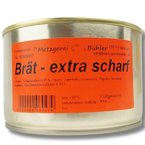 Brät Extra Scharf Dosenwurst Scharfe Bauernbratwurst 190g - 400g Wurstkonserve mit 85% deutschem Schweinefleisch traditionelle Rezeptur Wurst Ideal für Camping und Notration Metzgerei Bühler (120g) von Generisch