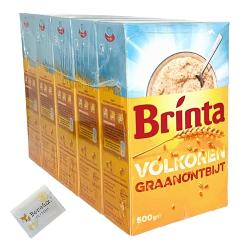 Brinta Volkoren graanontbijt Cerealienfrühstück Vollkornmüsli aus Vollkornweizen Vorratspackung 5x 500g + Benefux. Erfrischungstuch von Generisch