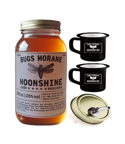 Bugs Morane Moonshine I "Campfire - Set" I North Side Nuts (0.5l) I 2 Emaillie Tassen I Natürliche Zutaten I Premium Schnaps nach alter Tradition I 20% Vol. Alkohol I Inkl. Aussgießer von Generisch