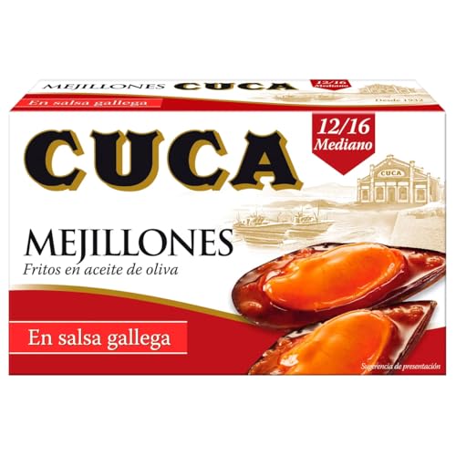 CUCA Frittierte Miesmuscheln in Olivenöl, Galicische Sauce, 12/16 Stück Dose 65 g. 9er-Packung. von Generisch