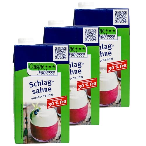 Cuisine Noblesse - 3er Pack Haltbare Schlagsahne 30% in 1 kg Packung - H-Schlagsahne ideal zum Kochen (Kochsahne ultrahocherhitzt) Sahne ideal für die Gastro und Großverbraucher von Generisch