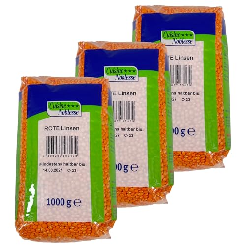 Cuisine Noblesse - 3er Pack Premium Rote Linsen 1 kg Packung in Gastro-Qualität - 100% Naturrein vollaromatisch ideal für orientalische Gerichte (Red Lentils) von Generisch