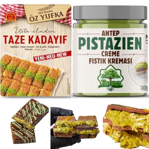 Dubai Schokolade - KIT zum Selbermachen - Dubai Schokoladen mit Pistazien Creme 200 Gramm, Dubai Cikolata Kadaif, Baklava, Kadayif Teigfäden 500 Gramm von Generisch