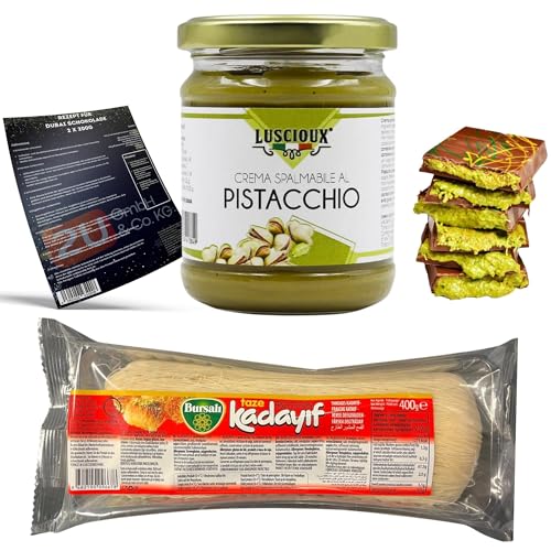 Dubai Schokolade Kit zum Selbermachen, Dubai Schokolade Zutaten DIY Set mit Bursali Kadayif Teigfäden Engelshaar 400g & Luscioux Premium Pistaziencreme 200g & Original Dubai Schokolade Rezepte von Generisch