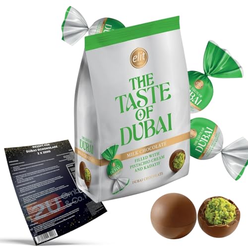 Elit Dubai Schokolade Kugeln Pistazie Original, Schokokugeln Milchschokolade gefüllt mit Pistaziencreme und Engelshaar Kadayif + Rezept® zum selbstmachen (8x12g) von Generisch