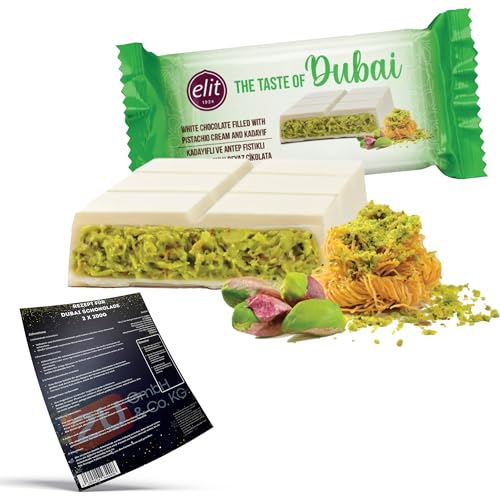 Elit "The Taste of Dubai" - Dubai Weiße Schokolade Pistazie Original, Dubai Schokolade Weiß gefüllt mit Pistaziencreme und Engelshaar Kadayif + Rezept® zum selbstmachen (1x90g) von Generisch