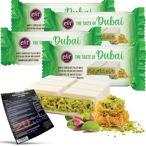 Elit "The Taste of Dubai" - Dubai Weiße Schokolade Pistazie Original, Dubai Schokolade Weiß gefüllt mit Pistaziencreme und Engelshaar Kadayif + Rezept® zum selbstmachen (4x90g) von Generisch