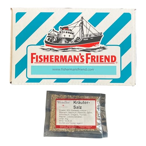 Fisherman's Friend Spearmint, 24 x25g = 600g, grüne Minze und Menthol, zuckerfrei & vegan, Bonbons für frischen Atem, 25g 24er Vorratsbox und 50g Wendlers Kräutersalz von Generisch