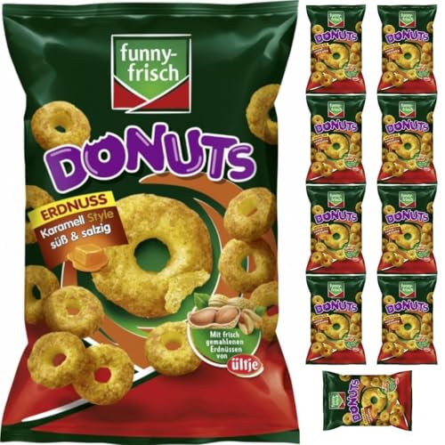 Funny-frisch Donuts Erdnuss Karamell Style süß & salzig Chips Cracker 110 gramm x 10 Stück mit Pufai Grocery von Generisch