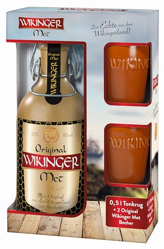 Geschenkset Wikinger Met + 2 Trinkbecher 0,1 Liter | Honigwein aus dem Wikingerland Haithabu | Original Met 0,5 Liter Bügelflasche von Generisch