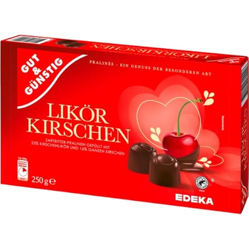 Gut&Günstig LIKÖR KIRSCHEN Palinen Discounter Mon Cheri Alternative Feine Schokolade mit Kirschlikör & ganzen Kirschen 250g Packung von Generisch