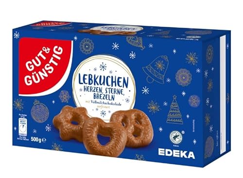 Gut & Günstig Lebkuchen Herzen, Sterne, Brezeln mit Vollmilchschokolade Großpackung Box 500g Weihnachtsgebäck, Süßigkeiten für Weihnachten von EDEKA von Generisch