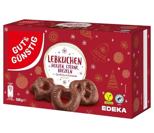 Gut&Günstig Lebkuchen VEGAN Laktosefrei Herzen, Sterne, Brezeln mit Zartbitterschokolade Großpackung Box 500g Weihnachtsgebäck, Süßigkeiten für Veganer zu Weihnachten von EDEKA von Generisch