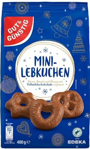 Gut & Günstig Lebkuchen Vollmilch Herzen, Sterne, Brezeln mit Vollmilchschokolade | Mini-Lebkuchen mit Kakao aus nachhaltigem Anbau von Generisch